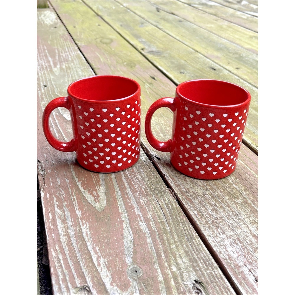 Waechtersbach 2 Red White Tiny Heart Mugs Germany Vintage Ceramic Sturdy Cozy